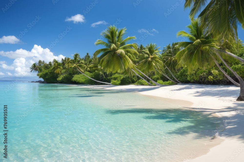 Serene beach view with palm trees and distant island. The concept of recreation and tourism.