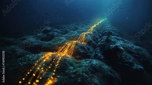 An ethereal view of the ocean s depths with a bioluminescent trail illuminating the underwater landscape  reminiscent of deep-sea exploration.