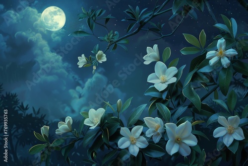 Under the Enchanting Glow of the Moonlight, Freshly Opened Jasmine Flowers Unveil Their Pristine Beauty in the Heart of Spring