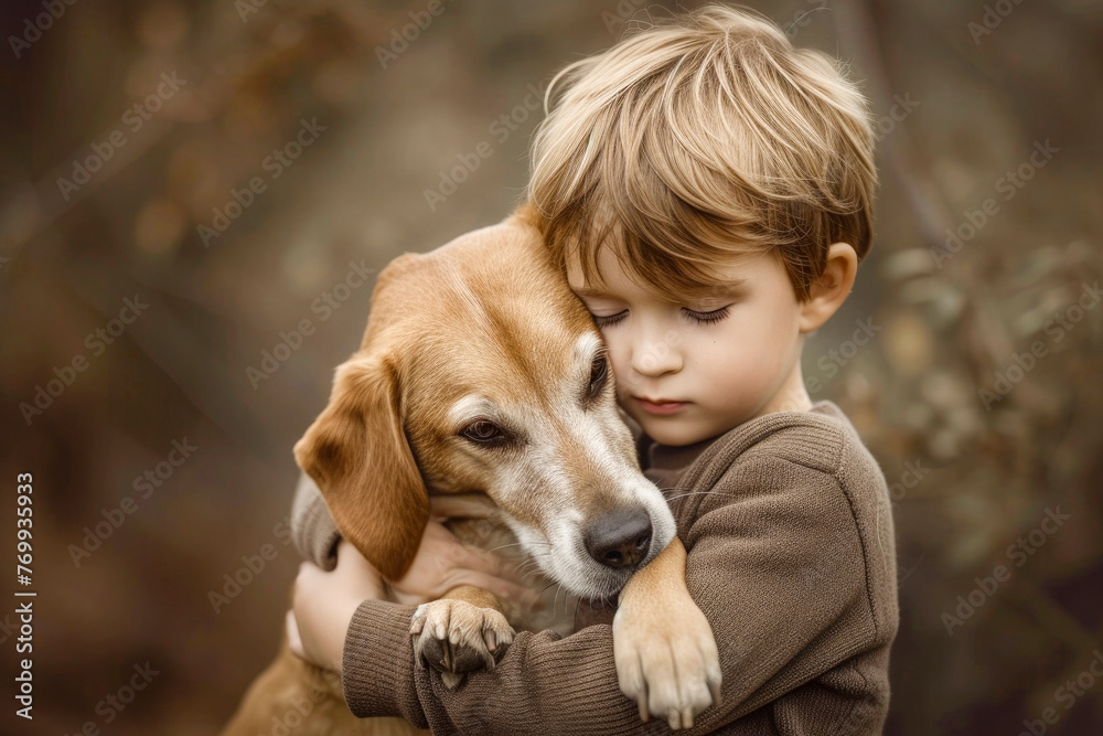 A boy is hugging a white labrador
