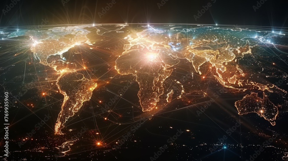 A striking visualization of Earth at night showcasing global connectivity with bright lights and network lines crisscrossing continents. - obrazy, fototapety, plakaty 
