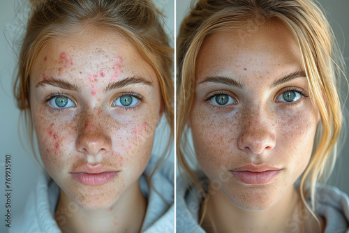 Before and after acne treatment collage portrait of the face of young beautiful woman. Problem skin rejuvenate and beauty skin care concept. photo