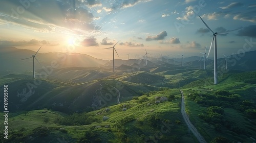 Sunrise casts a warm glow on a wind farm nestled among rolling green hills, highlighting sustainable energy in a serene landscape.