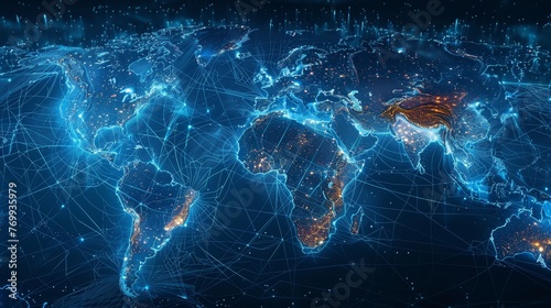 Nighttime view of a digital global map with a glowing network grid depicting internet connections and city lights worldwide.