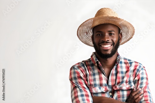 Smiling African American farmer on white background. Agriculture industry concept. Farming lifestyle, farmland. Design for banner, advertising with copy space