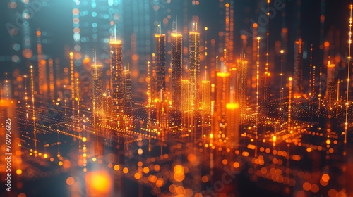 Modern cityscape transformed by glowing data points and bar graphs