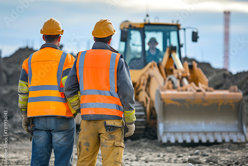 Two construction workers in hi-vis gear overseeing a bulldozer at a construction site, exemplifying teamwork and industry