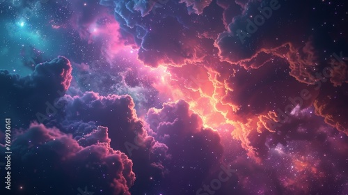 Mystical night sky featuring colorful clouds and soft, glowing stars