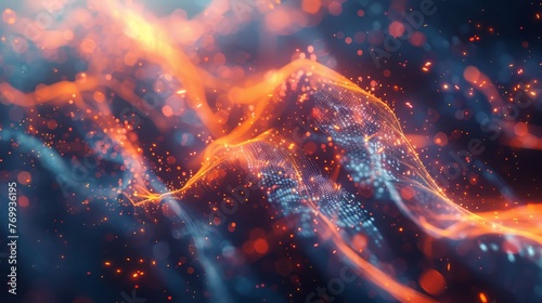 Capturing the essence of digital data flow, this image presents a swirling stream of glowing particles and light, representing the transmission of information.