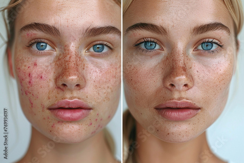 Before and after acne treatment collage portrait of the face of young beautiful woman. Problem skin rejuvenate and beauty skin care concept.