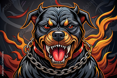 A captivating fashion illustration featuring a striking, hyper-realistic vector of an angry Rottweiler in a demonic attack position