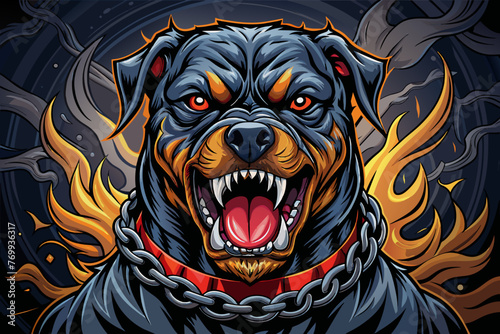 A captivating fashion illustration featuring a striking, hyper-realistic vector of an angry Rottweiler in a demonic attack position