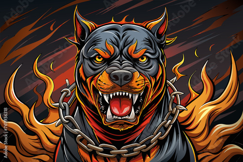 A captivating fashion illustration featuring a striking, hyper-realistic vector of an angry Rottweiler in a demonic attack position