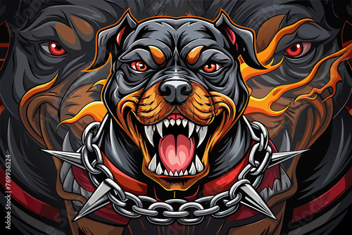 A captivating fashion illustration featuring a striking, hyper-realistic vector of an angry Rottweiler in a demonic attack position