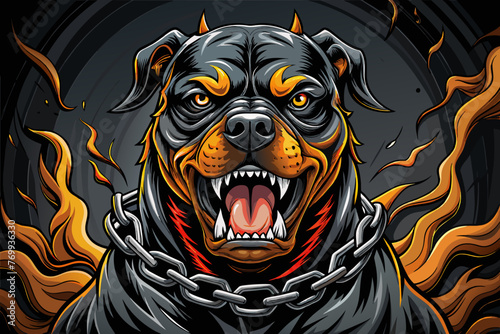 A captivating fashion illustration featuring a striking, hyper-realistic vector of an angry Rottweiler in a demonic attack position