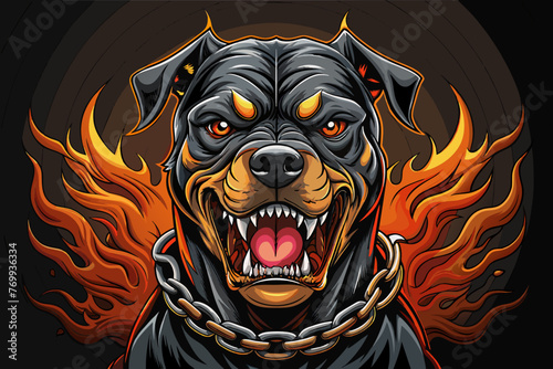 A captivating fashion illustration featuring a striking, hyper-realistic vector of an angry Rottweiler in a demonic attack position