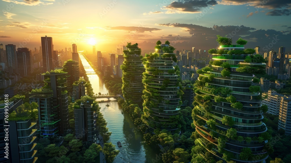Skyscrapers adorned with verdant vertical gardens rise above the urban skyline, capturing the essence of eco-architecture against a dramatic sunrise.