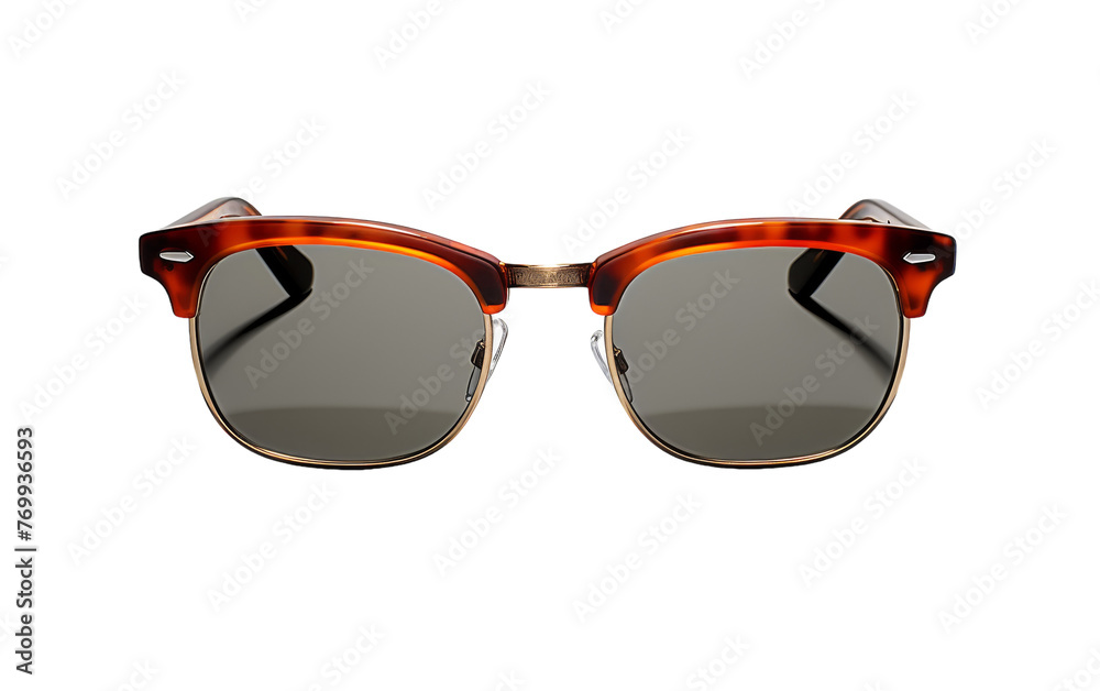 A stylish pair of sunglasses resting on a pristine white background A stylish pair of sunglasses resting on a pristine white background