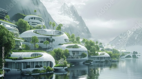 A futuristic eco-village with lush green rooftops is nestled by a tranquil lake at the foot of mist-covered mountains, showcasing sustainable living. photo