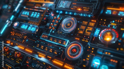A highly detailed control dashboard from a futuristic spaceship, featuring illuminated buttons, graphs, and dials for sophisticated space navigation.