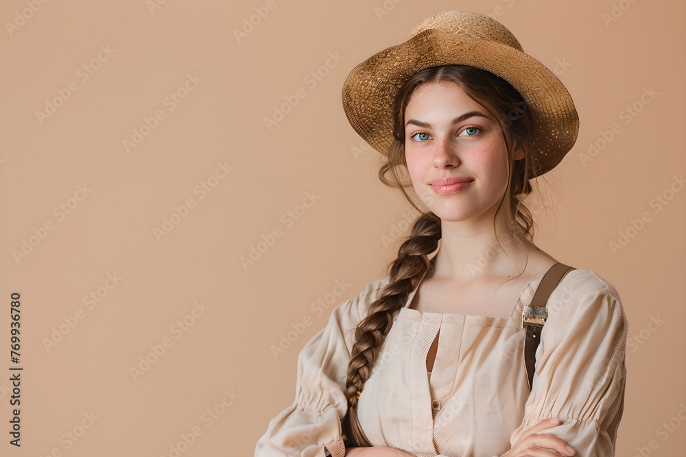 Confident woman farmer on beige background. Agriculture industry concept. Farming lifestyle, farmland. Design for banner, poster with copy space. Studio portrait Confident woman farmer on beige background. Agriculture industry concept. Farming lifestyle, farmland. Design for banner, poster with copy space. Studio portrait