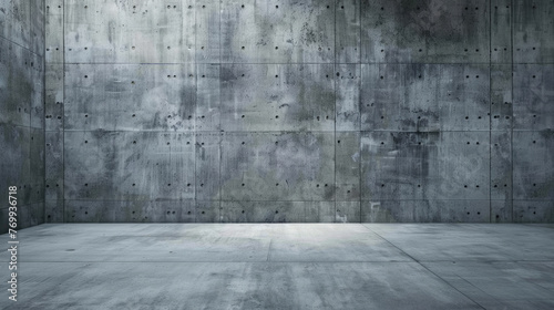 Grungy concrete wall background, abstract modern space with grey tiles, empty room interior. Theme of grunge, stone architecture, building