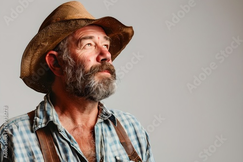 Farmer looking up on gray background. Agriculture industry concept. Farming lifestyle, farmland. Design for banner, poster with copy space. Studio portrait
