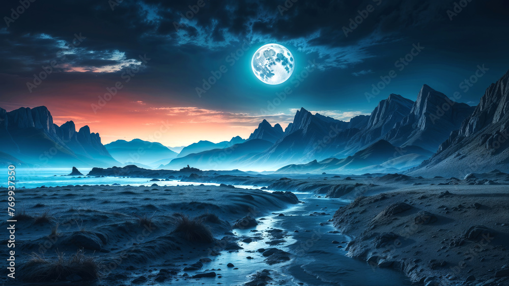 magnificent mountain landscape, full moon