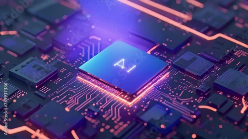 AI Technology Chipset on Circuit Board. Advanced AI chipset glows at the heart of a complex circuit board, epitomizing modern artificial intelligence technology.