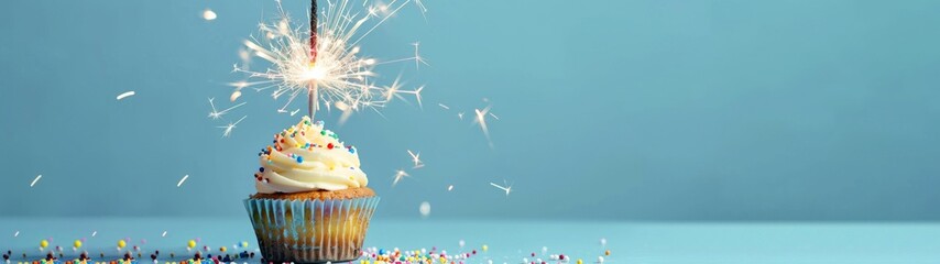 Happy birthday party celebration congratulation greeting card banner long - Cup cake with sparkling sparkler, isolated on bright blue table background