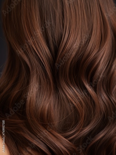Extreme close-up shot of hair texture, with slight curves brunette with auburn highlights