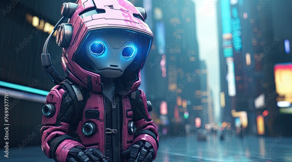 a robotic image of a robot sitting in a city, in the style of dark cyan and pink, daz3d, cute cartoonish designs, toonami, neonpunk, website, selective focus a robotic image of a robot sitting in a city, in the style of dark cyan and pink, daz3d, cute cartoonish designs, toonami, neonpunk, website, selective focus