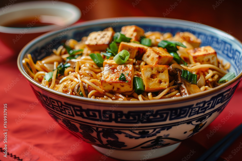 A bowl of noodles with tofu and green onions