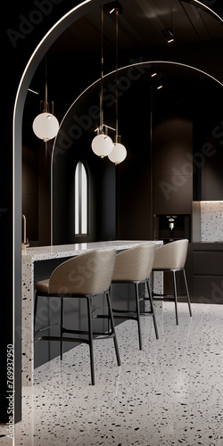 Elegant Black Kitchen Interior with Arched Doorway and Pendant Lights