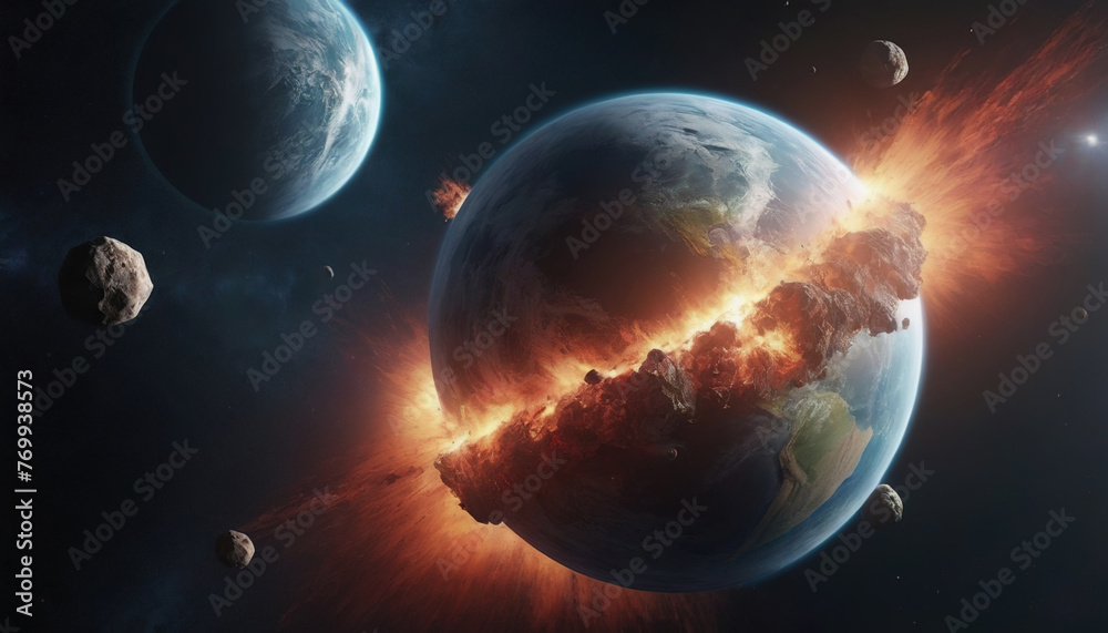 meteorite fly to the asteroid crashes into the earth, destruction of earth