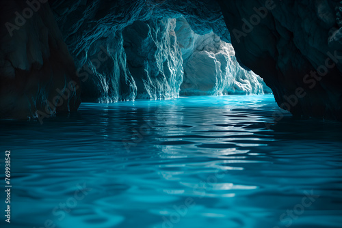 Swimming pool inside blue cave with stone wall