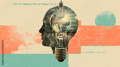 A light bulb and head symbol of new idea collage art, new idea creative concept.