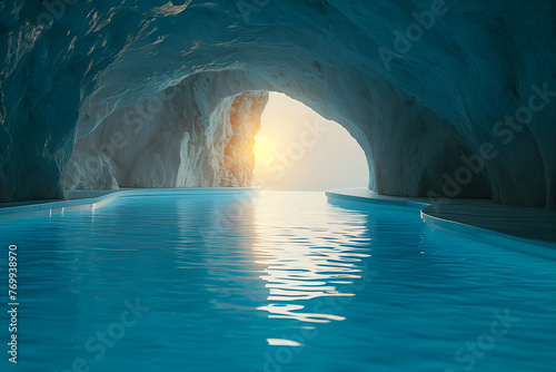 Swimming pool inside blue cave with stone wall photo