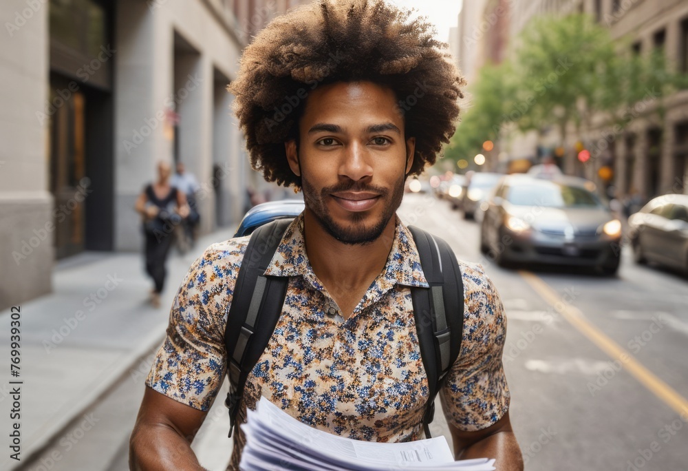 A man with a backpack walks confidently through city streets. His relaxed demeanor and style indicate urban exploration or commuting. A man with a backpack walks confidently through city streets. His relaxed demeanor and style indicate urban exploration or commuting.