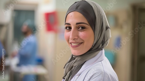 Portrait of young muslim female nurse smiling at camera in hospital photo