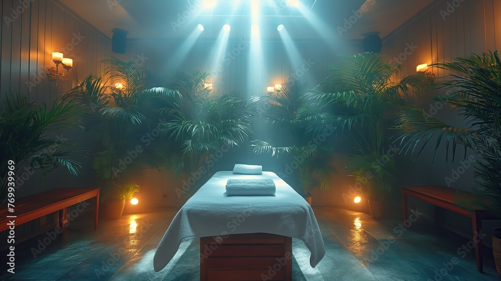 Spa massage room interior with green plants and candles. 3D rendering