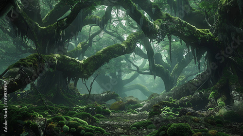 A moss-covered forest floor surrounded by ancient, gnarled trees, creating a mysterious and otherworldly atmosphere in the heart of the woods.