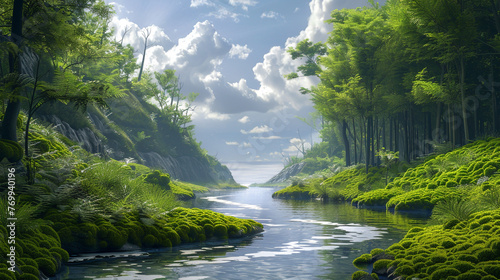 A peaceful river winding through a dense  moss-covered forest  eventually meeting the open ocean with a backdrop of a cloud-dappled sky.