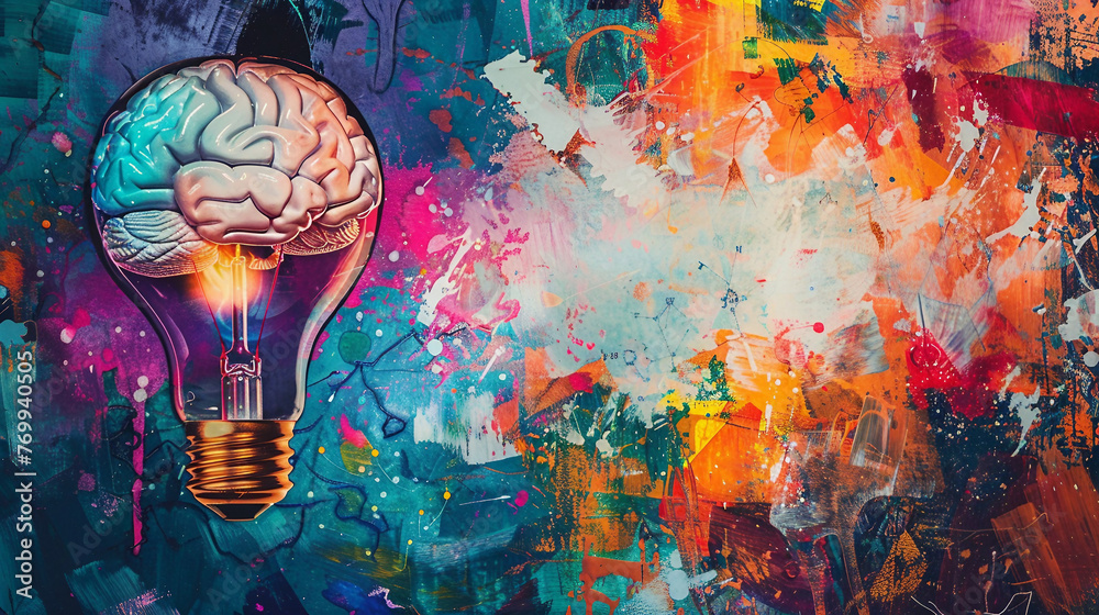 light bulb with brain symbol of idea thiking inovation vibrant color, conceptual art. light bulb with brain symbol of idea thiking inovation vibrant color, conceptual art.