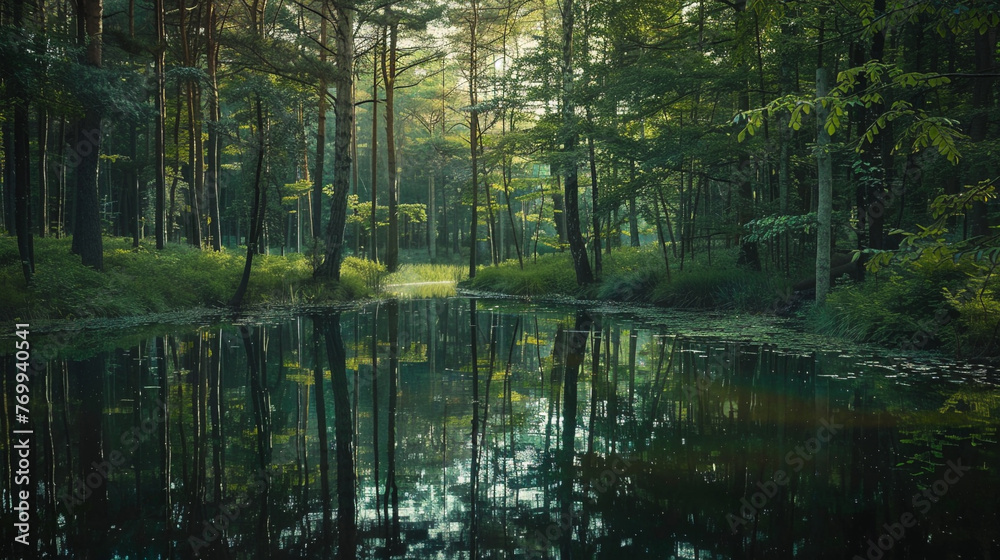 A serene lake nestled within a dense forest, with the reflection of towering trees on the calm water surface, capturing the tranquility of a hidden woodland oasis.