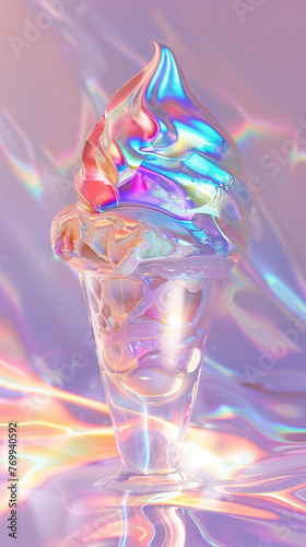 A vivid and colorful render of a holographic ice cream cone, symbolizing indulgence and delight in a futuristic fashion