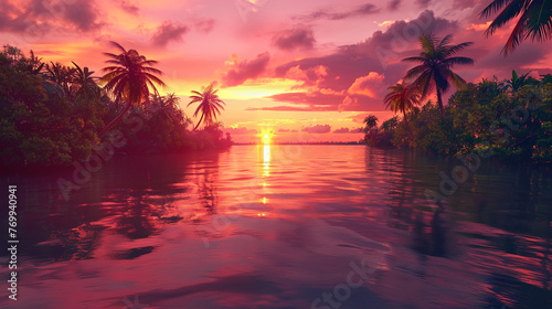 Vibrant sunset hues reflecting on the calm surface of a wide river, surrounded by lush vegetation, as it merges seamlessly with the tranquil ocean.