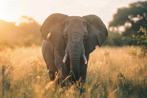 Majestic African Elephant in Golden Hour Grassland