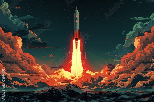 Modern illustration of a cartoon rocket departing from the planet photo