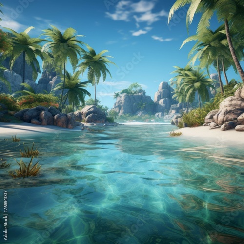 AI generated tropical island with palm trees and crystal clear water